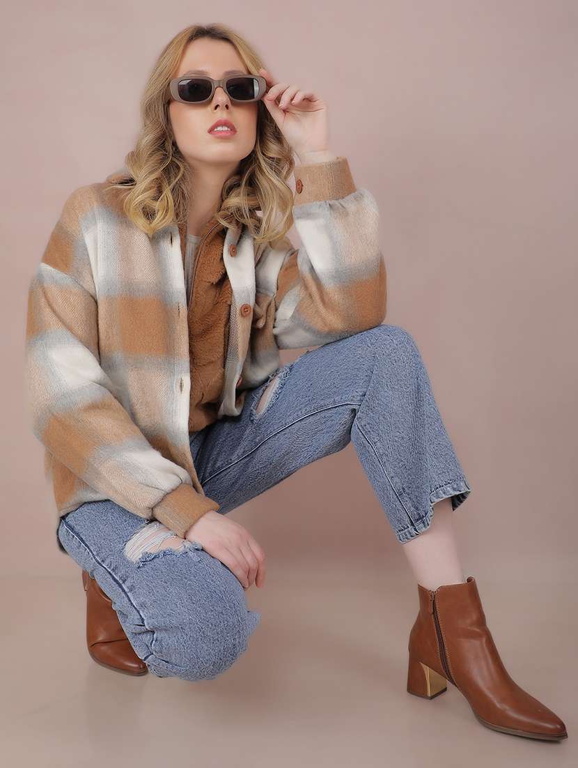 women check printed collared long sleeve shacket - 21517980 -  Standard Image - 4