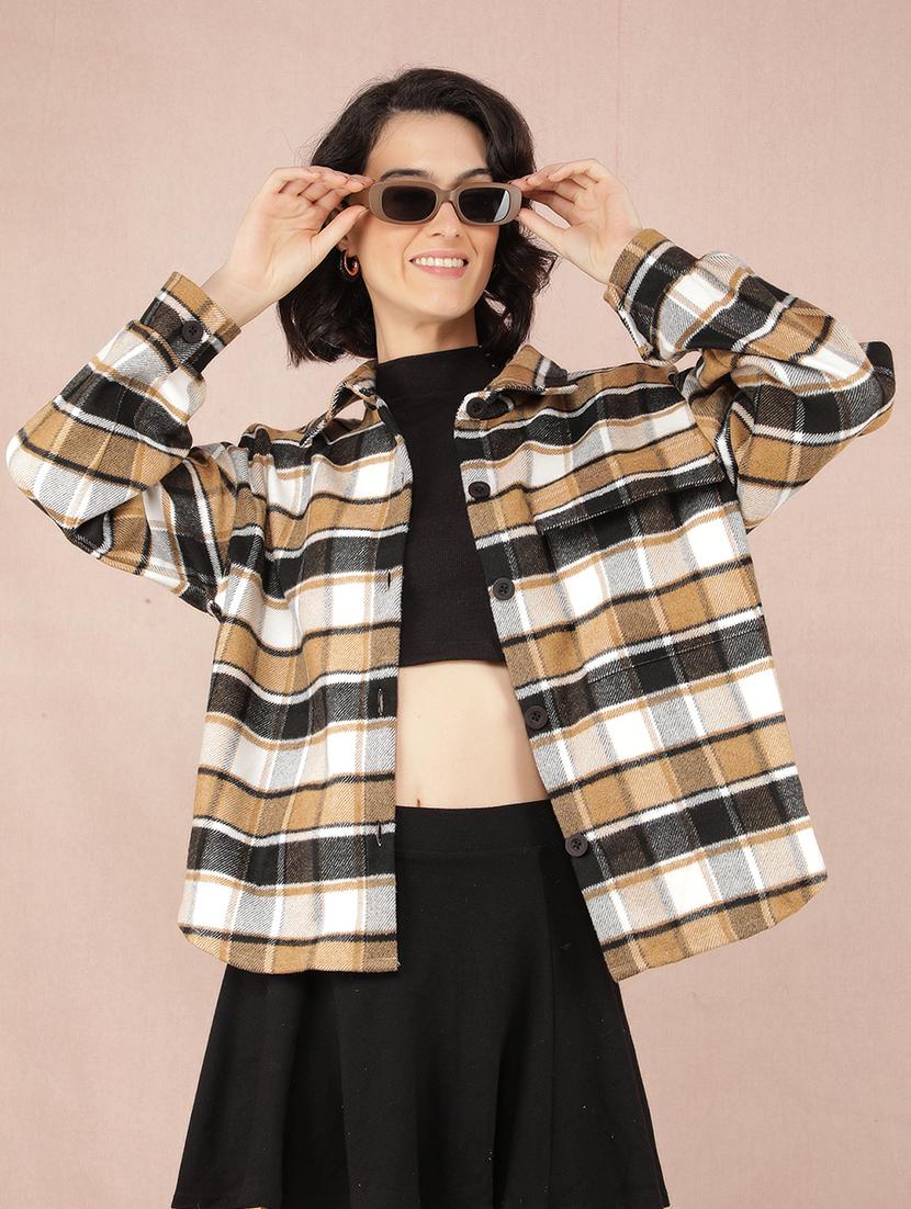 women checked printed collared shacket - 21517981 -  Zoom Image - 0