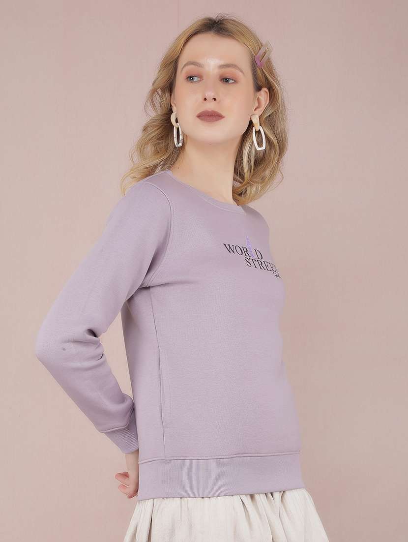 women purple cotton blend chest print sweatshirt