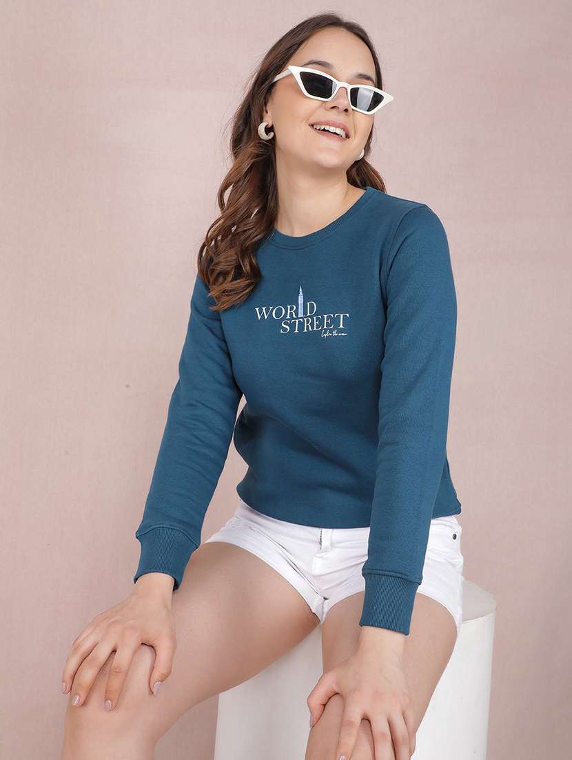 women blue cotton blend chest print sweatshirt - 21517989 -  Standard Image - 1