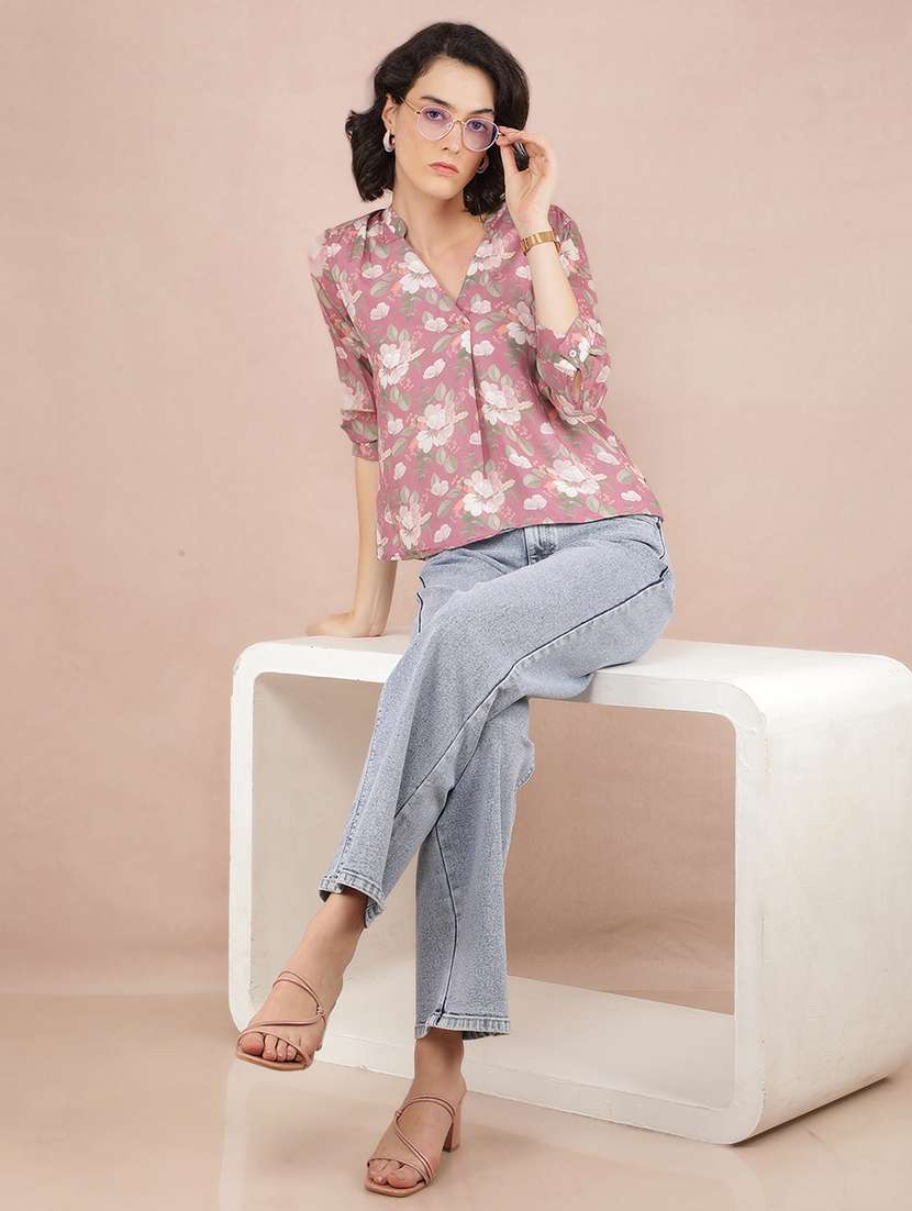 women floral printed v neck straight top - 21517996 -  Standard Image - 4