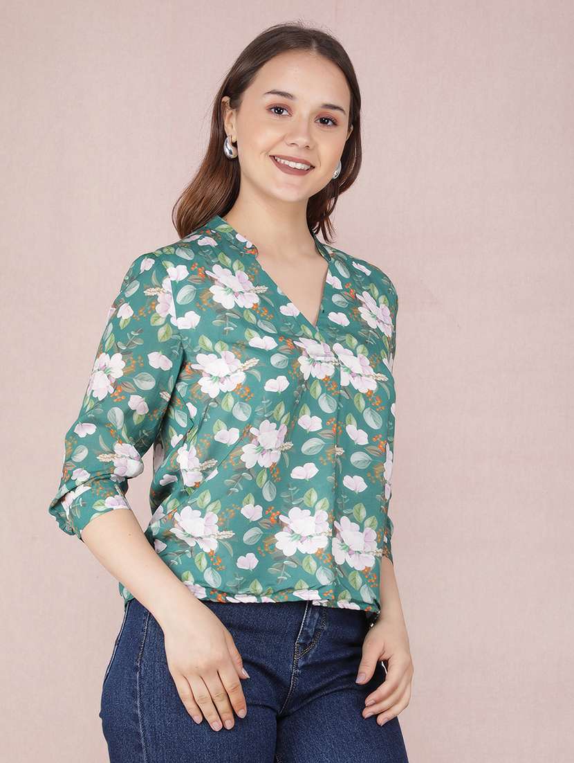 women floral printed three fourth sleeve mandarin neck top - 21517997 -  Standard Image - 1