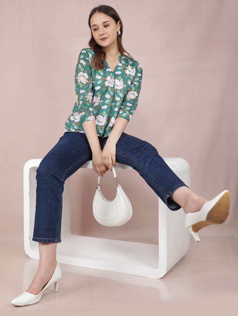 women floral printed three fourth sleeve mandarin neck top - 21517997 -  Standard Image - 4