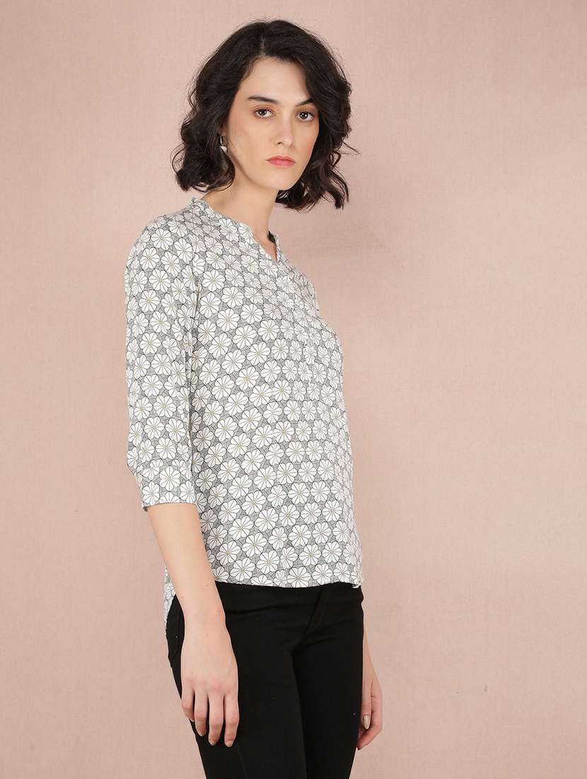 women printed mandarin neck straight top