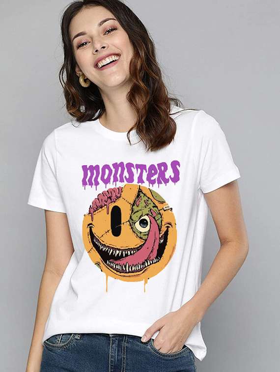 women white cotton blend front print t-shirt