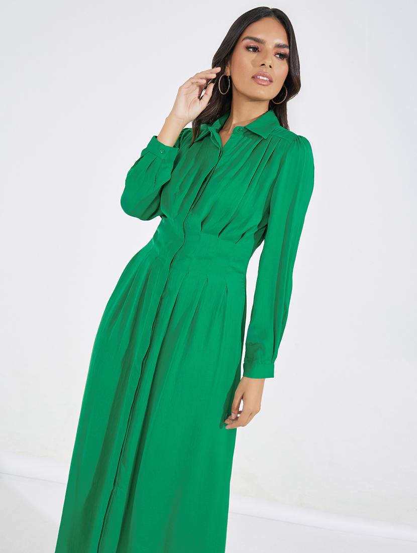women solid collared puff sleeve a-line dress - 21518845 - Standard Image - 4