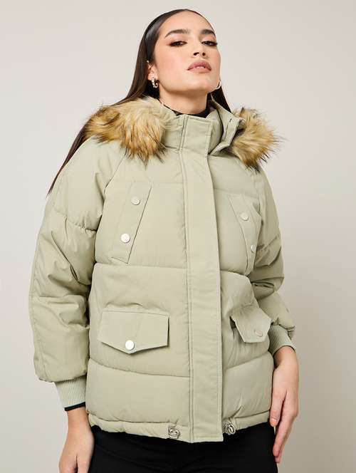 women neo mint solid hoodie puffer jacket - 21518873 - Standard Image - 0