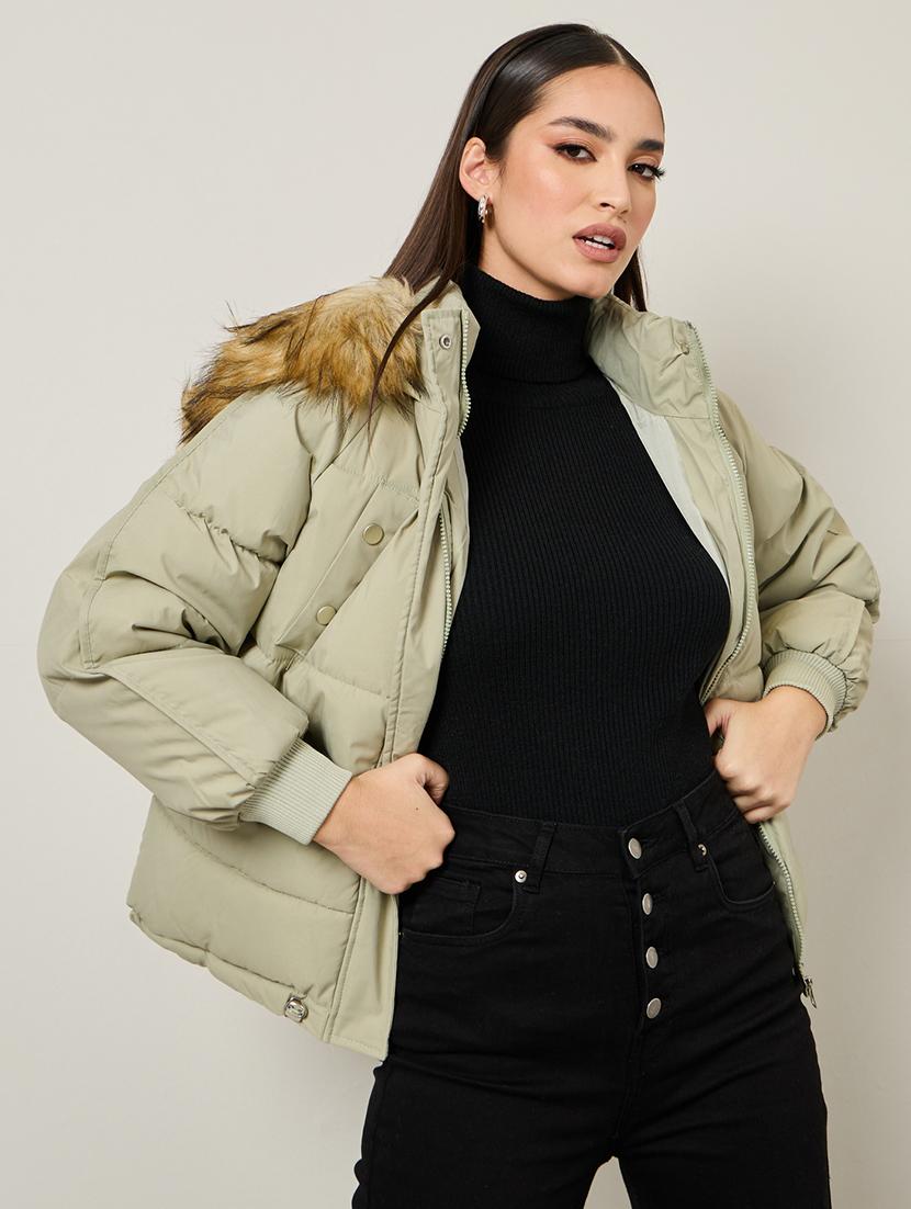 women neo mint solid hoodie puffer jacket - 21518873 - Standard Image - 1