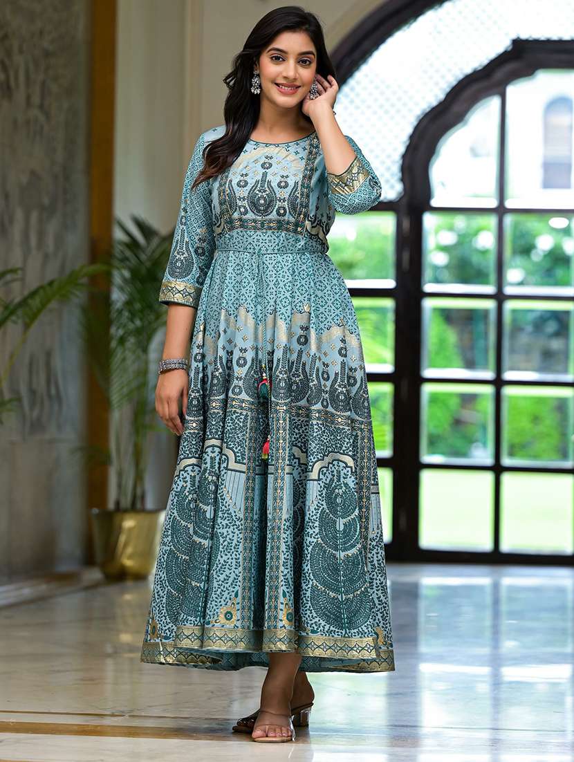 women light blue round neck flared dress - 21518959 -  Standard Image - 1