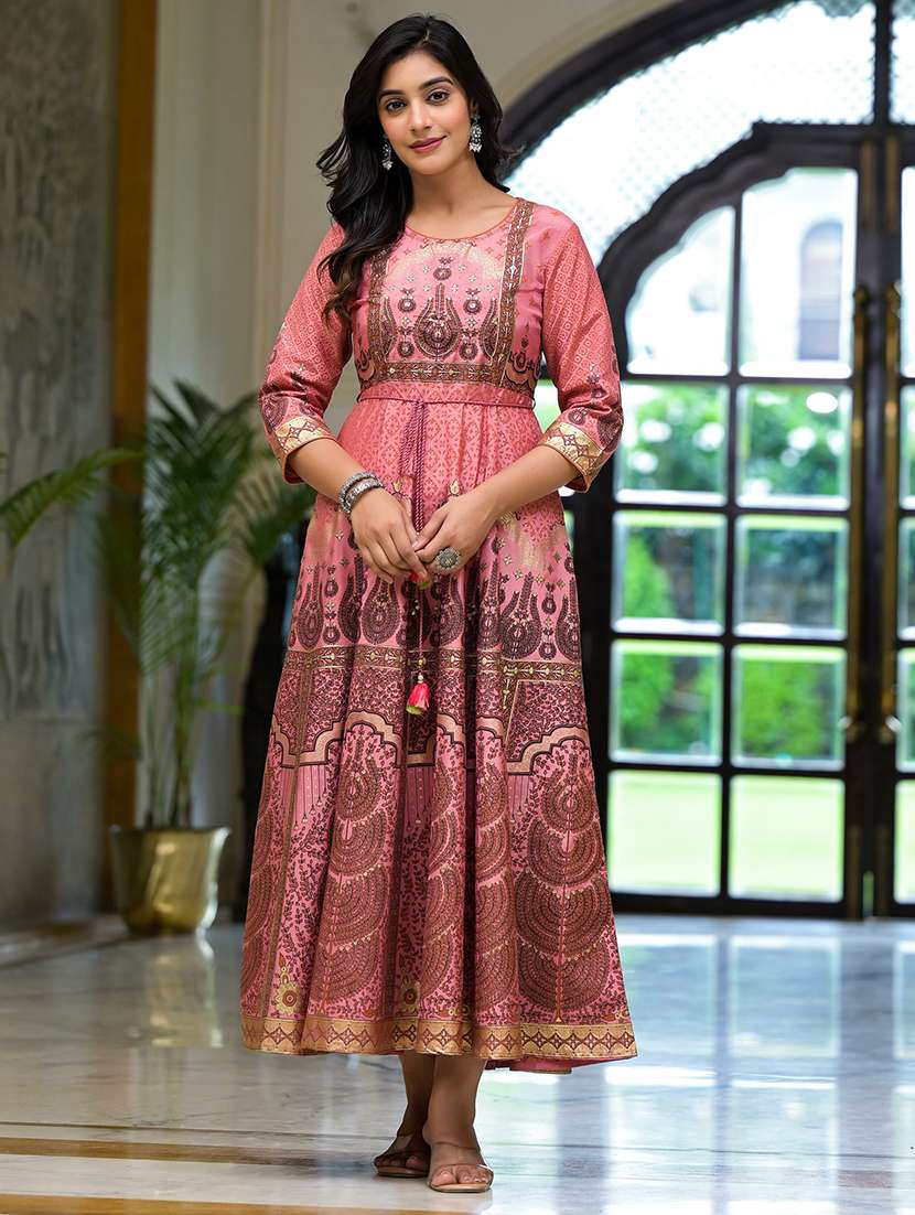 women peach round neck flared dress - 21518960 -  Standard Image - 1