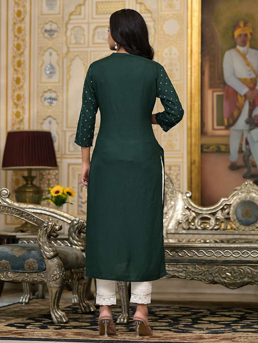 women bottle green mandarin neck straight kurta - 21518963 -  Standard Image - 4