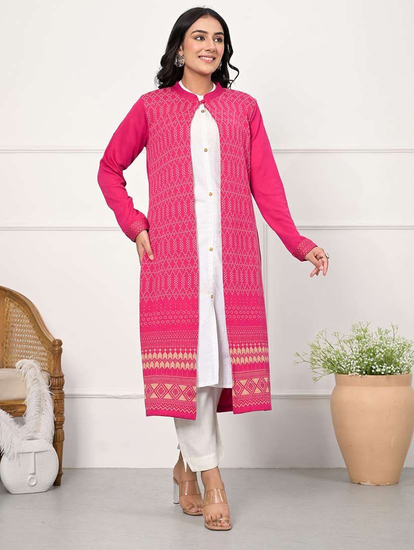 women pink self design long sleeve long cardigan - 21518969 -  Zoom Image - 0