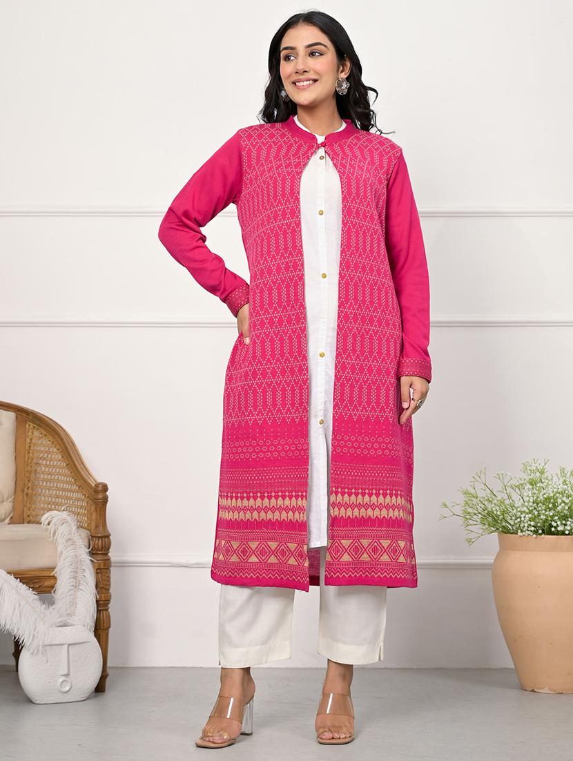 women pink self design long sleeve long cardigan - 21518969 - Standard Image - 1