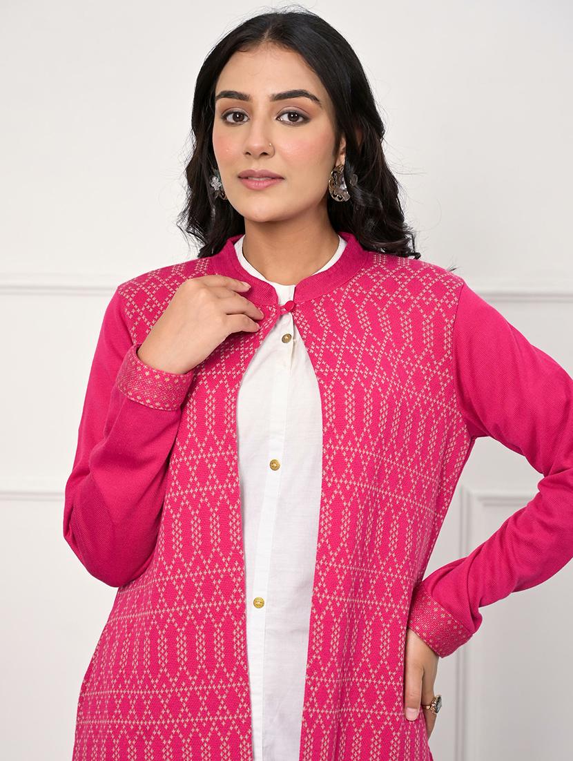 women pink self design long sleeve long cardigan - 21518969 - Standard Image - 4