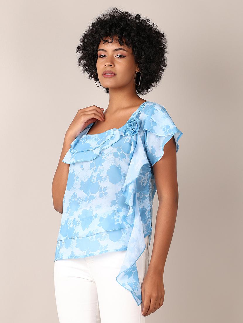 women printed short sleeves ruffled top - 21519394 -  Standard Image - 1