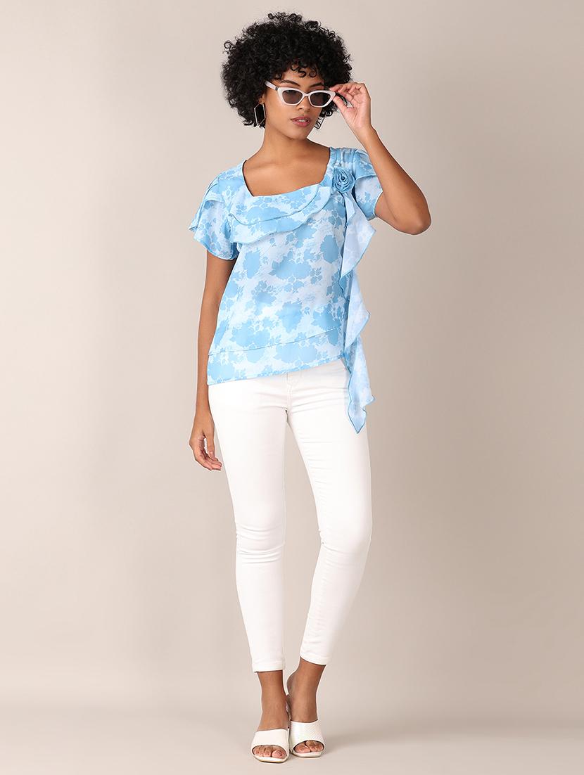 women printed short sleeves ruffled top - 21519394 - Standard Image - 4