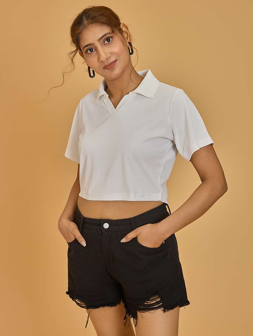 women white solid short sleeve crop t-shirt - 21520212 -  Standard Image - 1