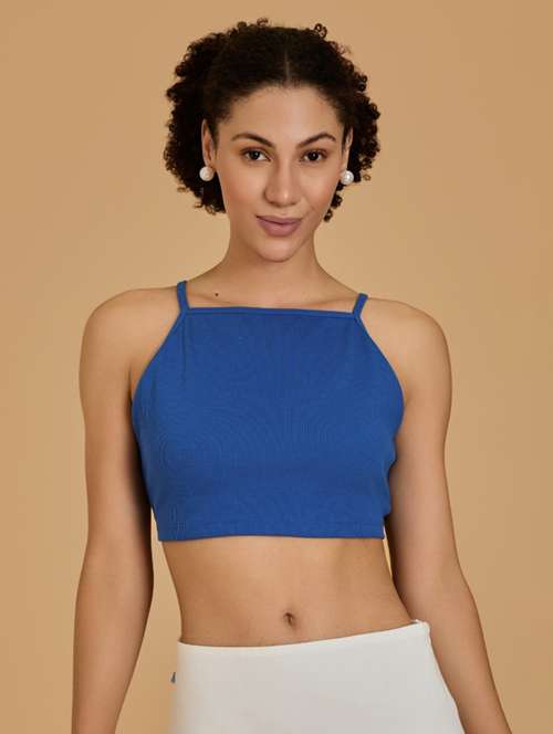women blue cotton blend crop top - 21520214 -  Standard Image - 0