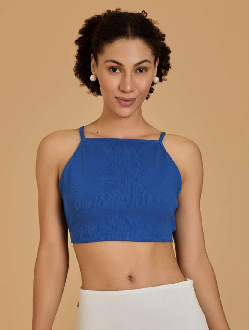 women blue cotton blend crop top