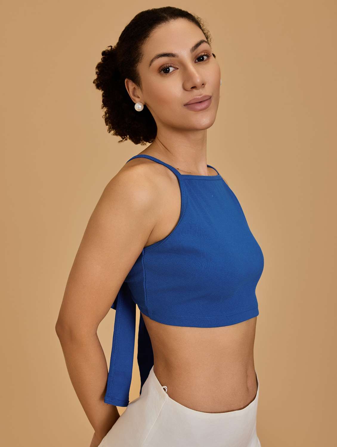 women blue cotton blend crop top - 21520214 -  Standard Image - 1