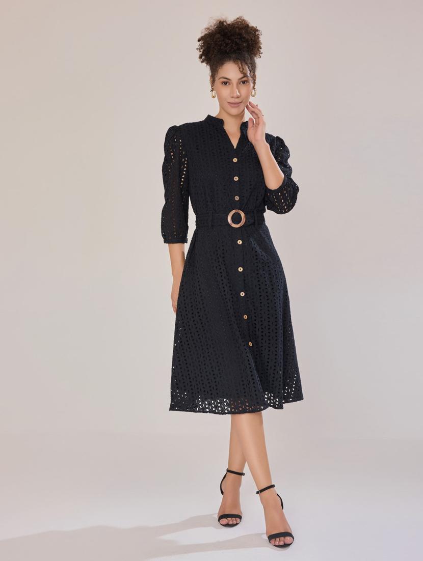 women black cotton blend a-line dress - 21520260 -  Standard Image - 1