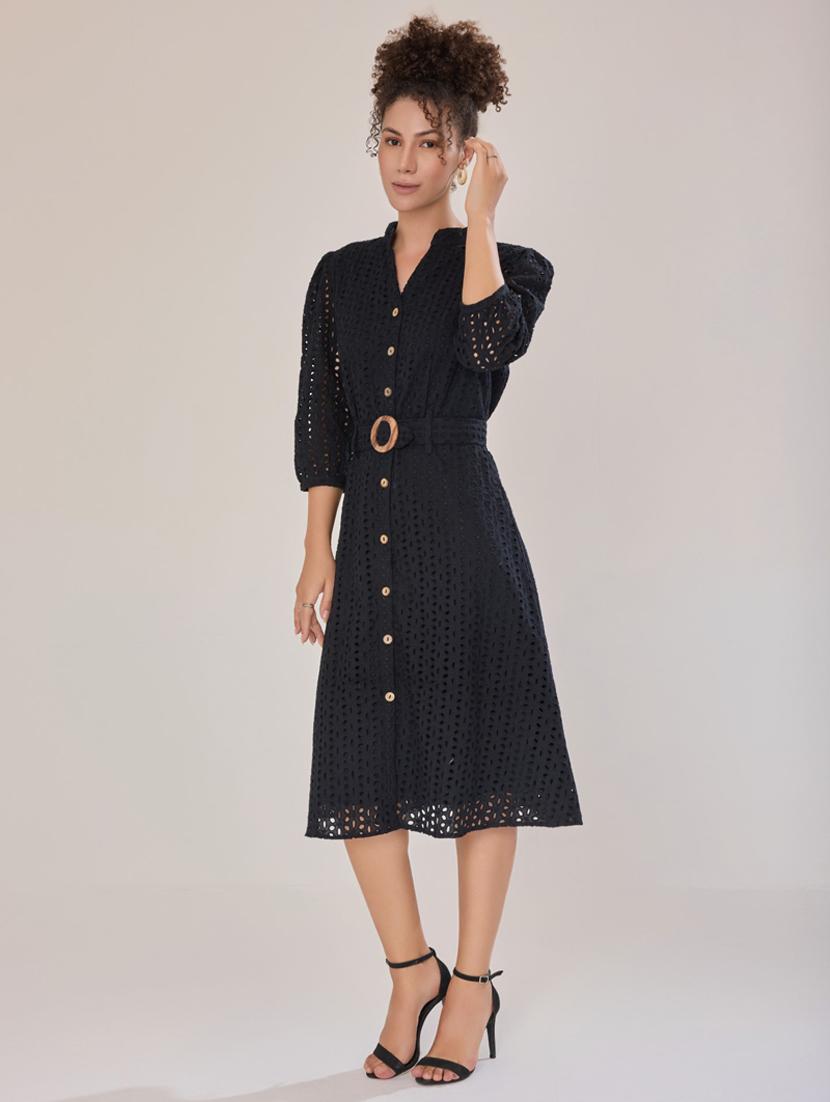 women black cotton blend a-line dress - 21520260 - Standard Image - 4