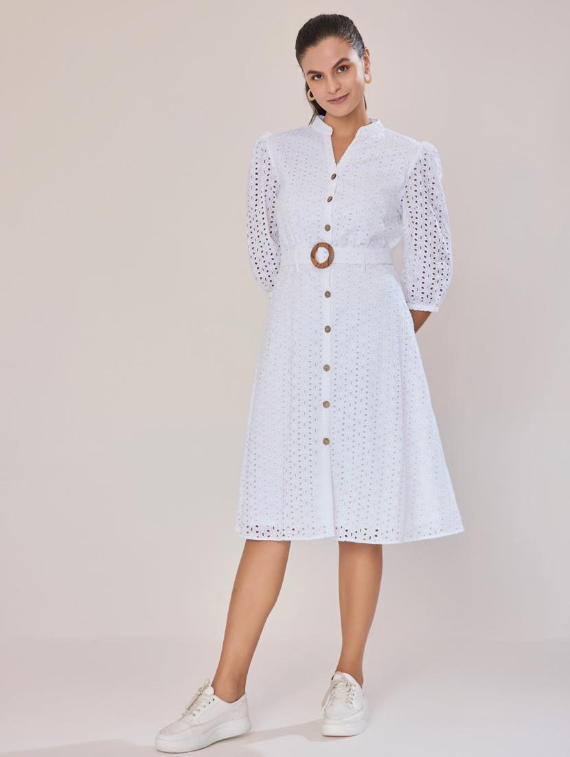 women white cotton blend a-line dress - 21520261 -  Standard Image - 1