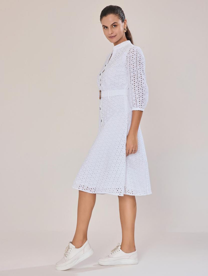 women white cotton blend a-line dress - 21520261 - Standard Image - 4