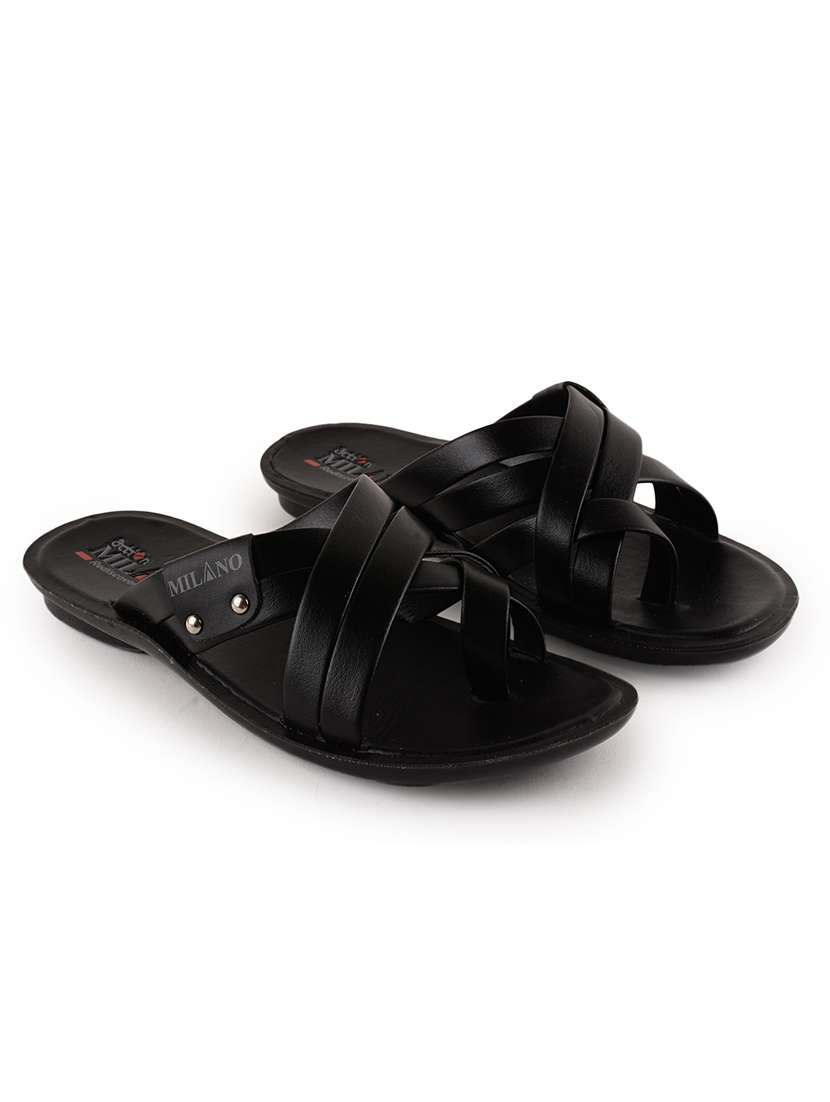 men black solid slip on sandal - 21520329 -  Standard Image - 1