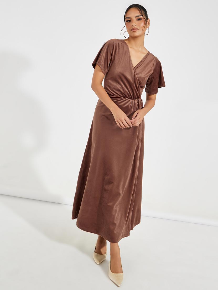 women brown solid wrap dress - 21520370 -  Standard Image - 1