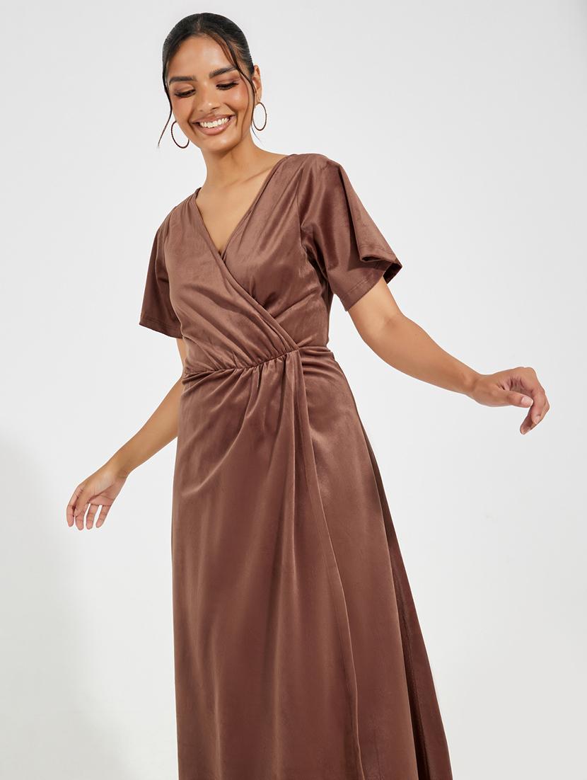 women brown solid wrap dress - 21520370 - Standard Image - 4