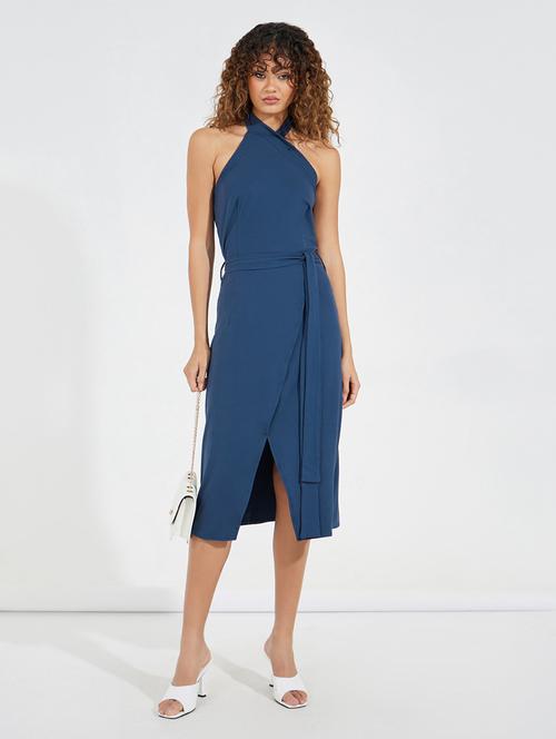 women blue solid wrap dress - 21520381 - Standard Image - 0