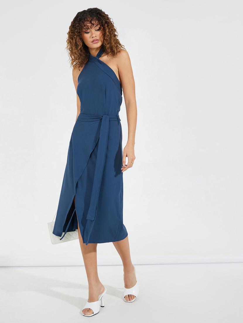 women blue solid wrap dress - 21520381 - Standard Image - 1