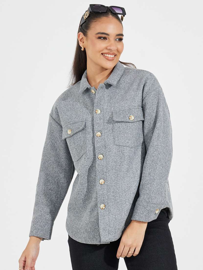 women long sleeve solid regular shacket