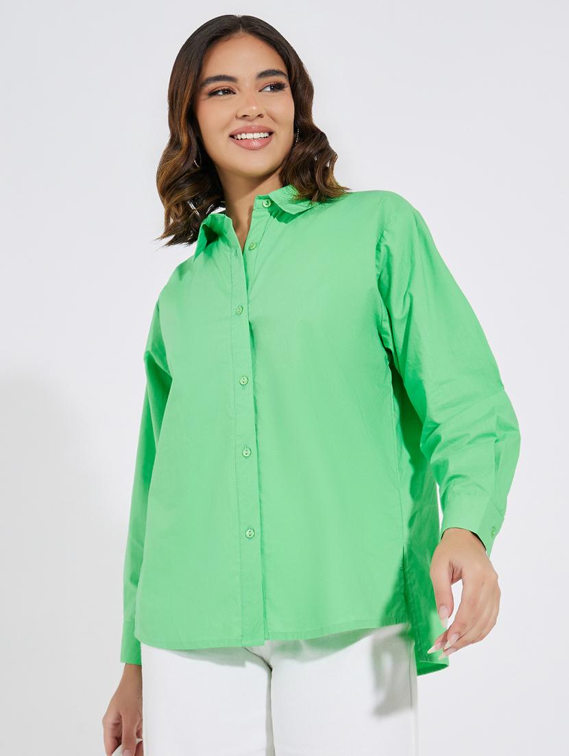 women solid collared high low shirt