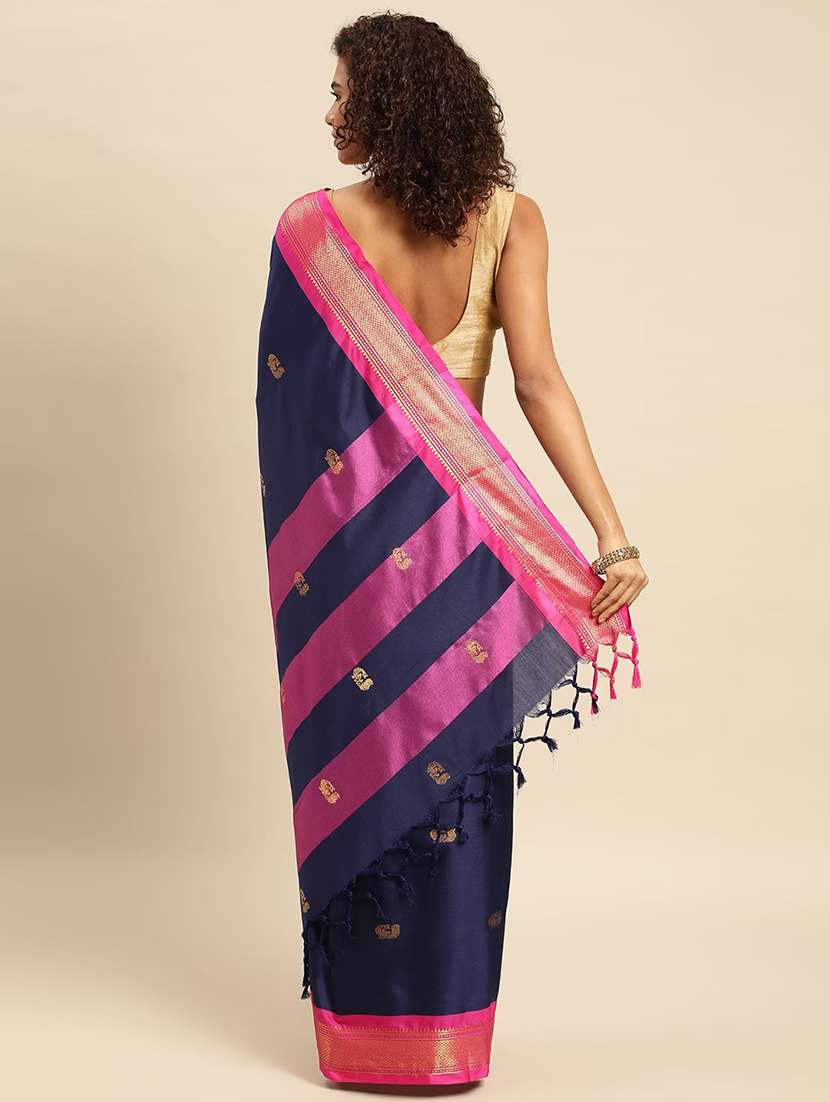 women navy blue self design zari bordered saree - 21520636 -  Standard Image - 1