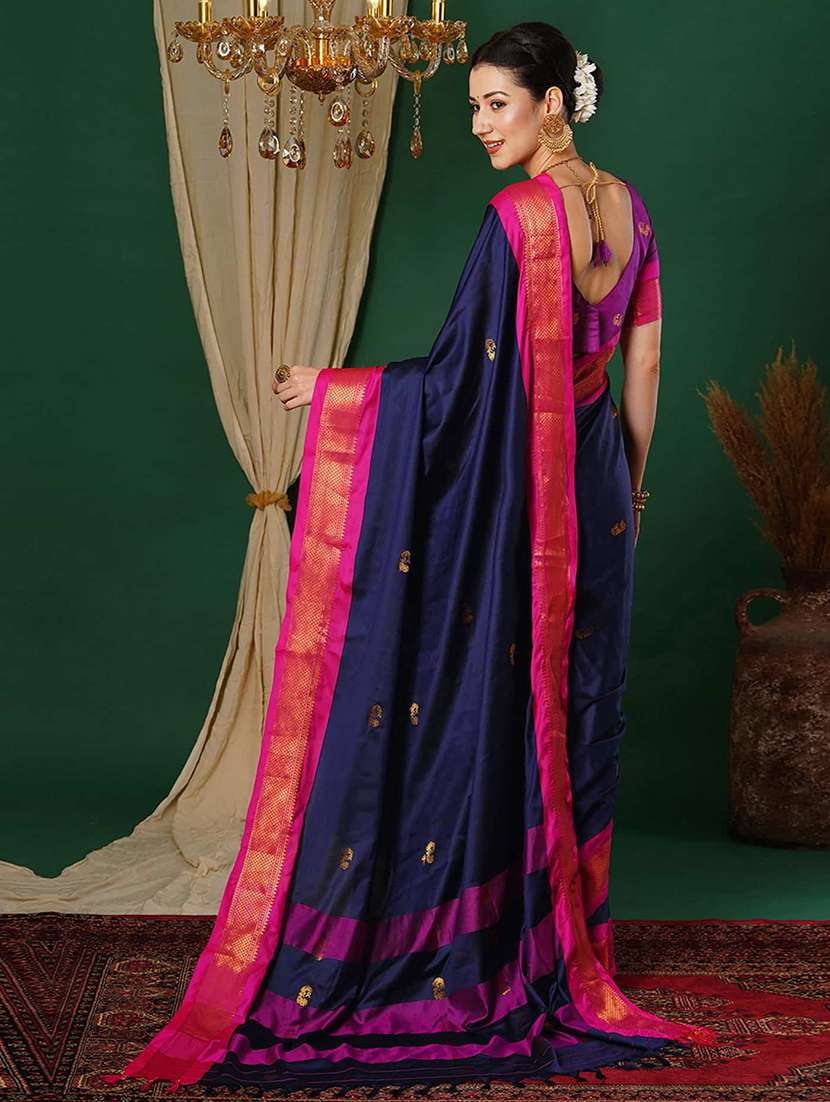 women navy blue self design zari bordered saree - 21520641 -  Standard Image - 1