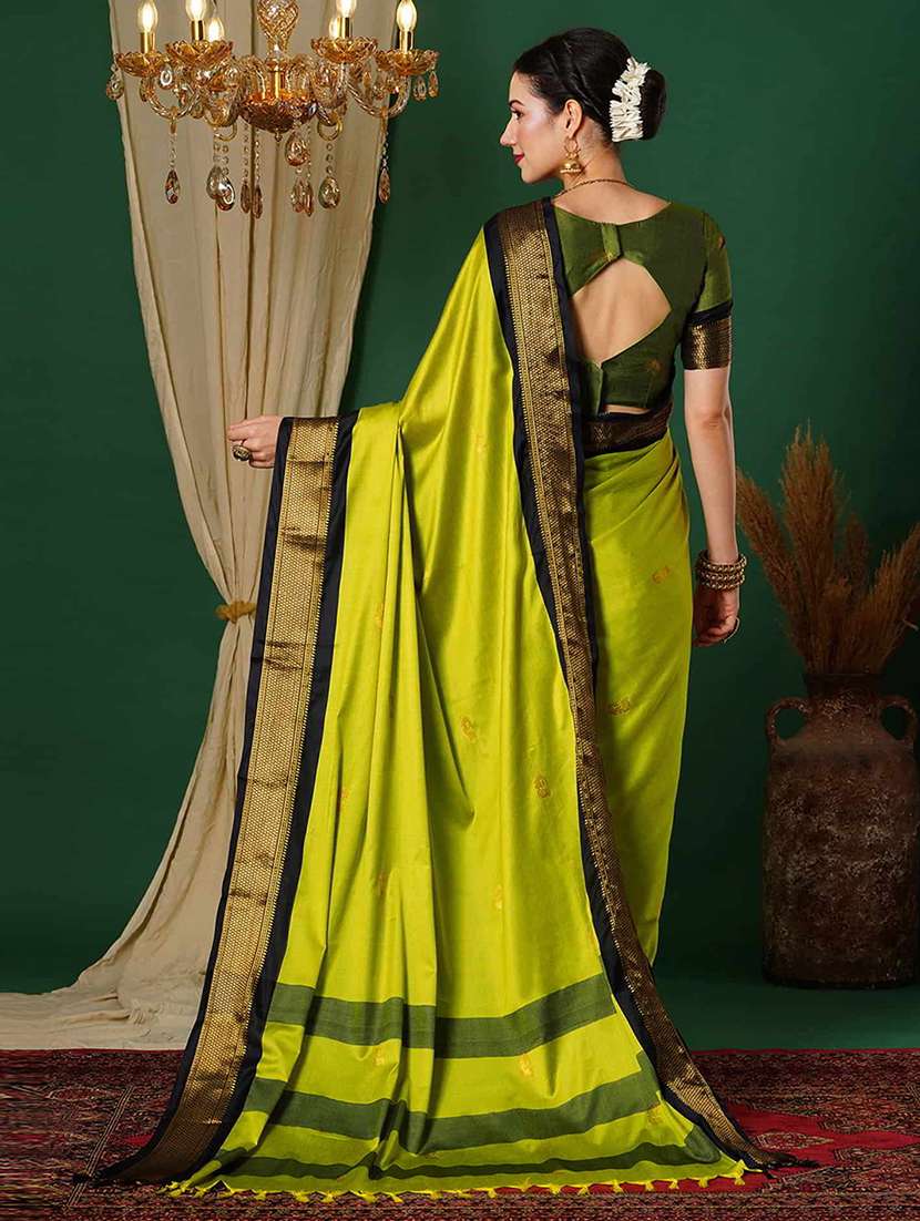 women lime self design zari bordered saree - 21520645 -  Standard Image - 1