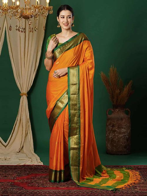 women orange self design zari bordered saree - 21520651 - Standard Image - 0