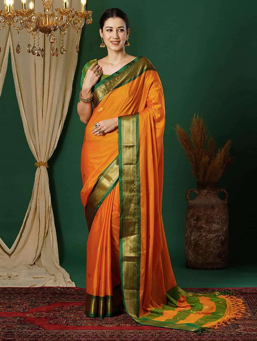 women orange self design zari bordered saree - 21520651 - Zoom Image - 0