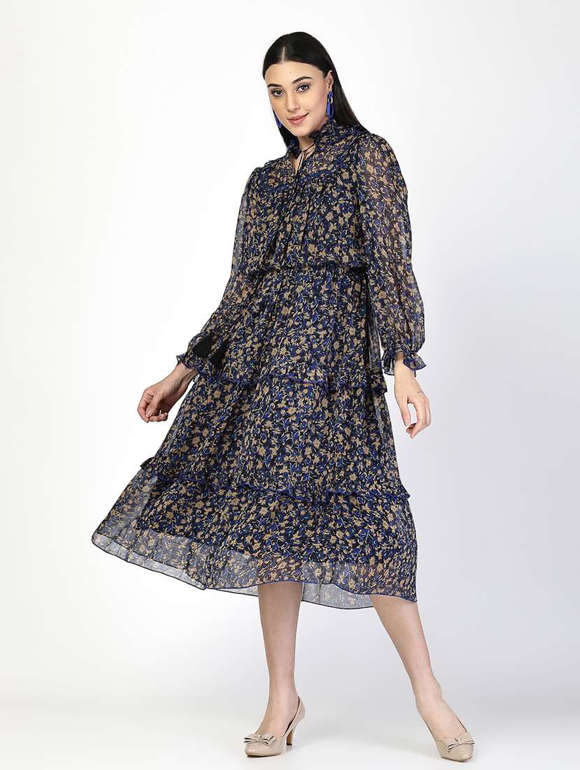 women printed tie neck fit & flare dress
