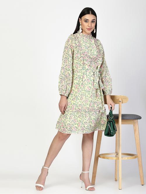 women floral printed mock collared a-line dress - 21520716 - Standard Image - 0