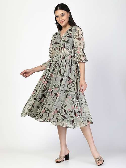 women printed v neck fit & flare dress - 21520717 - Standard Image - 0
