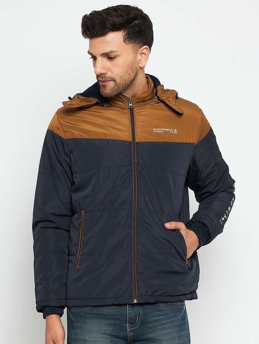 men blue color block quilted jacket
