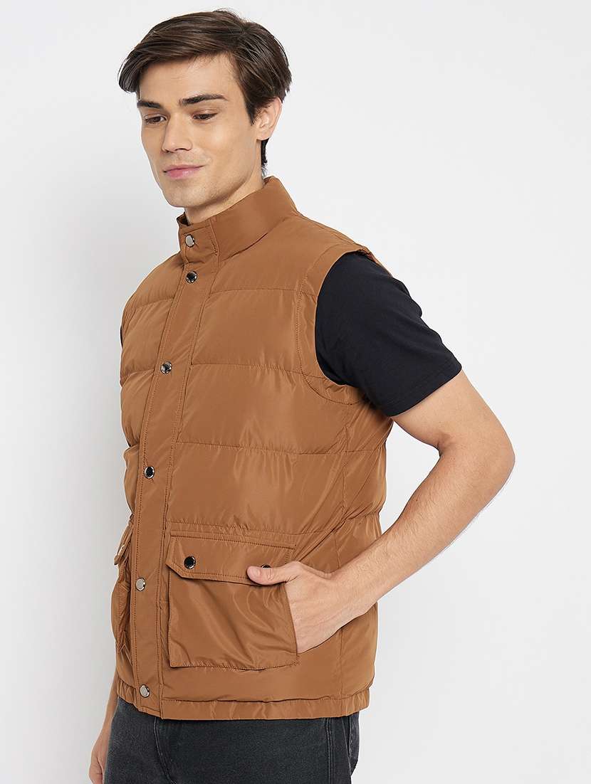 men brown solids quilted jacket - 21520988 -  Standard Image - 1