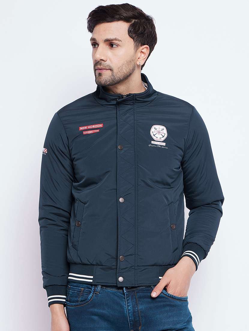 men blue solid bomber jacket