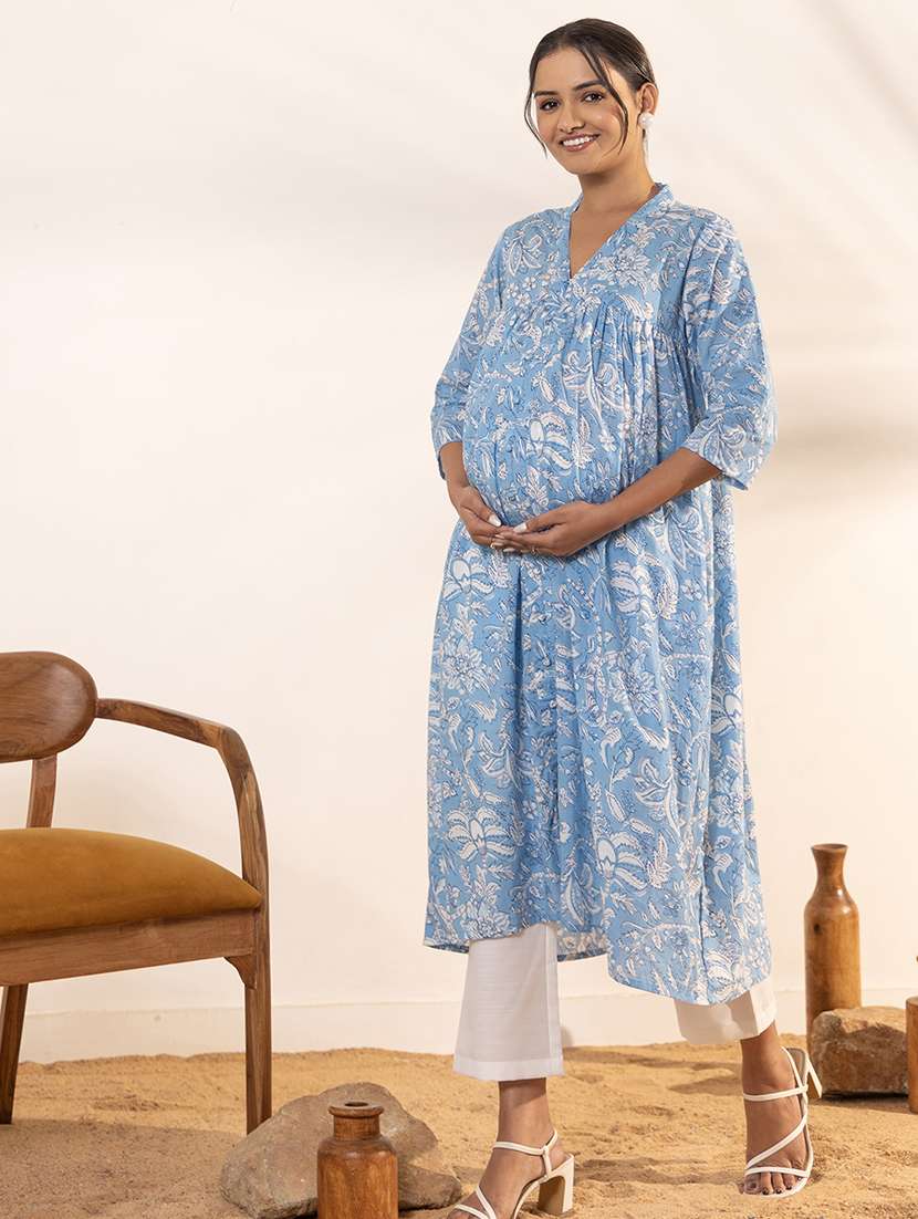 women light blue cotton maternity wear kurta - 21521096 -  Standard Image - 1