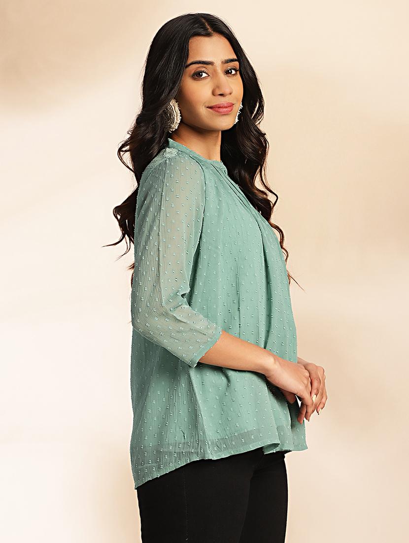 women sea green chiffon straight top - 21521099 - Standard Image - 1