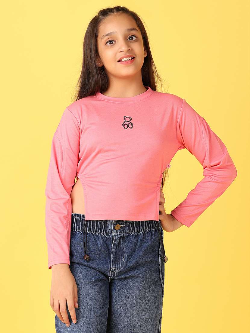 girls pink solid round neck long sleeve tees