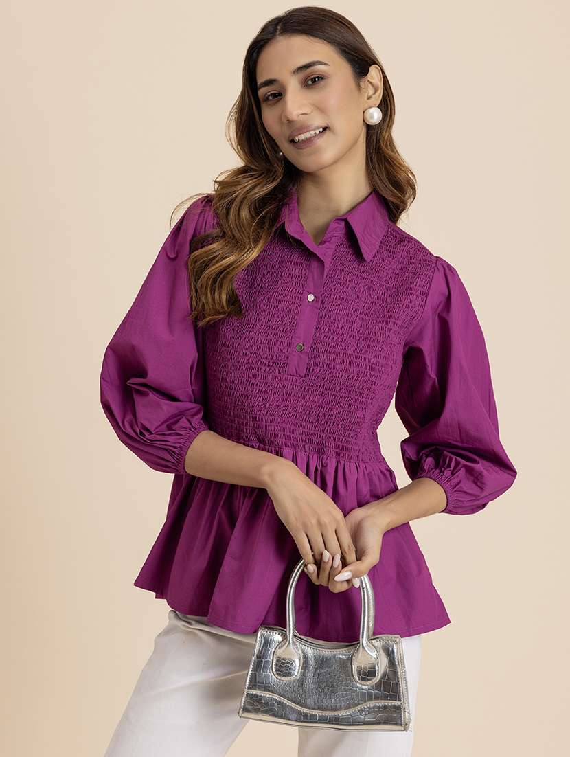 women solid bishop sleeves peplum top